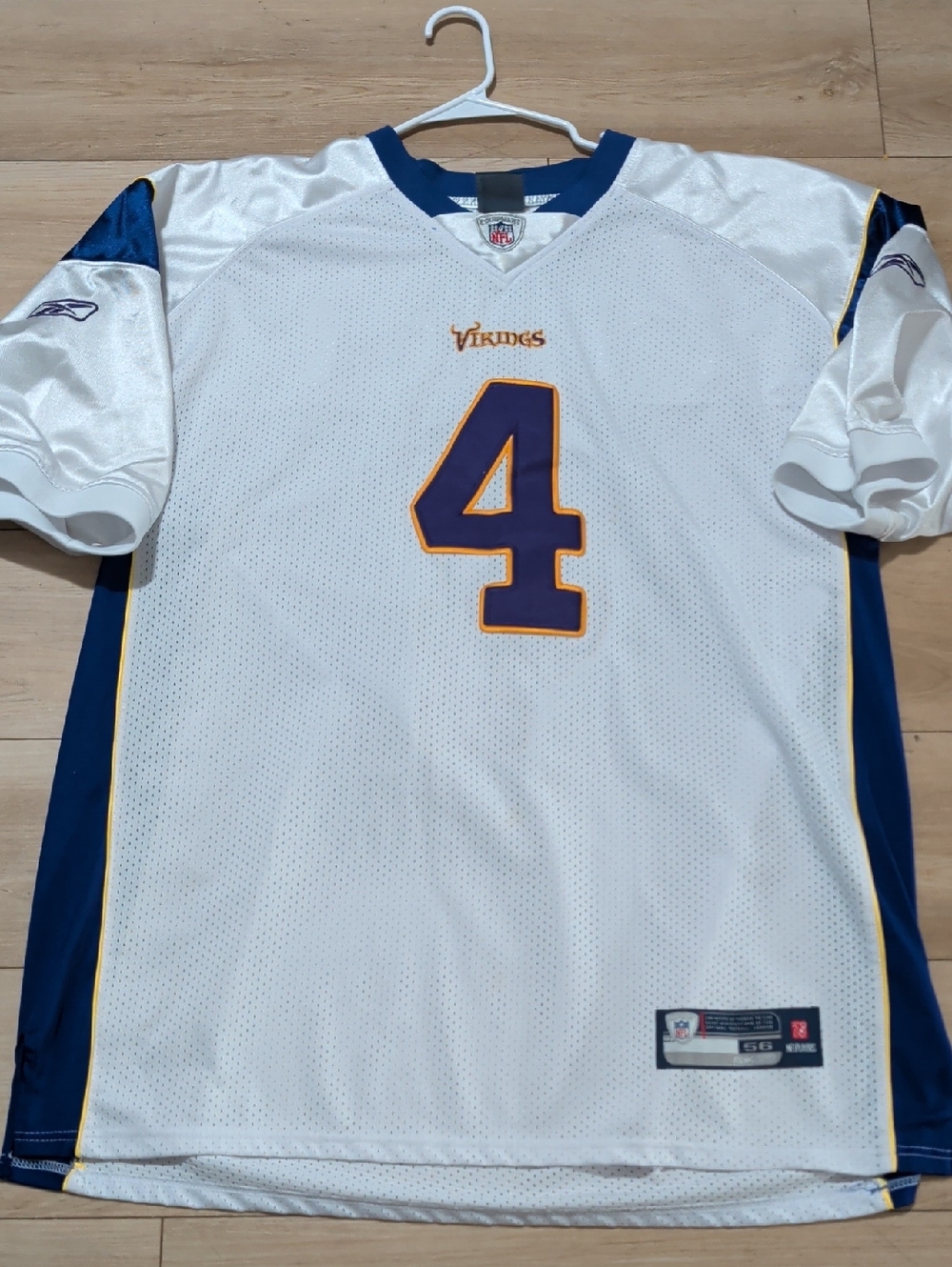 Reebok White Minnesota Vikings #4 Football Jersey with Purple and Gold Accents